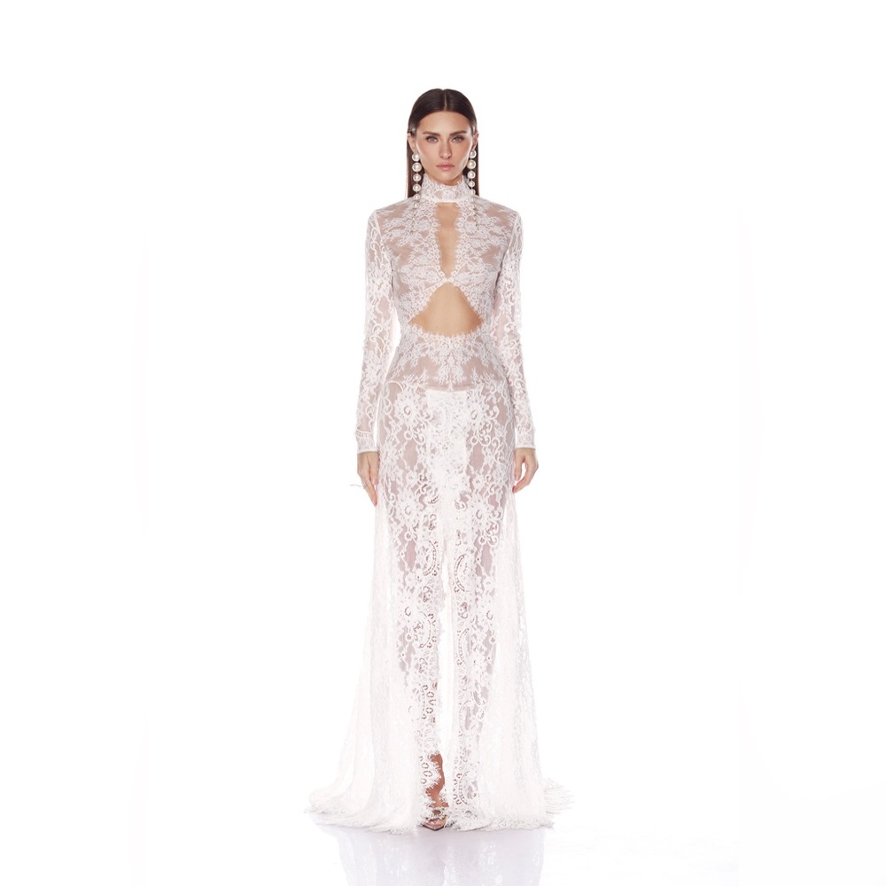 Bronx & Banco Eleanor White Lace Sheer Long Sleeve High Slit Gown L NWOT - Picture 1 of 3